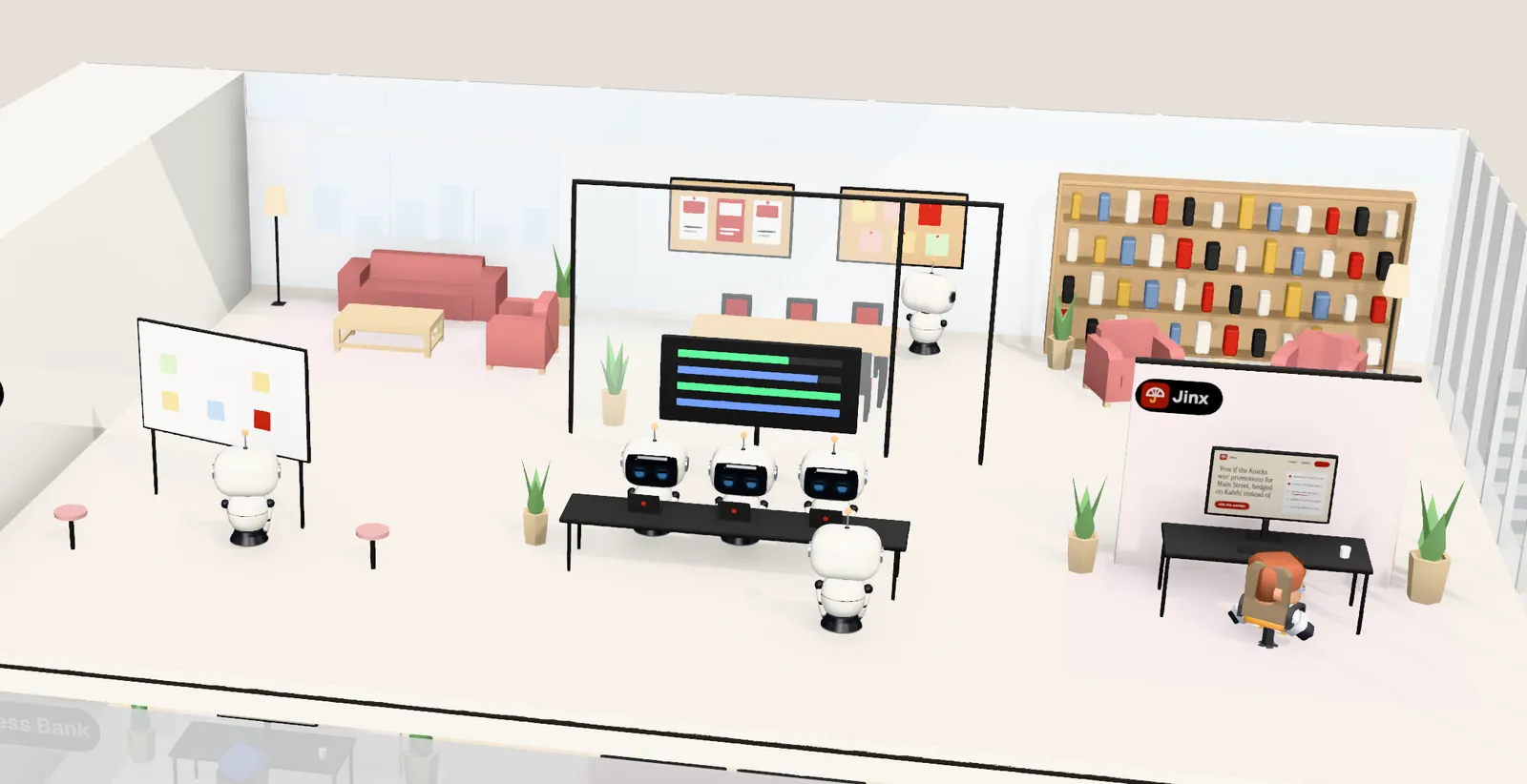 Jinx’s office on floor 24 of Tower 2: the owner’s desk with the website on screen, the agents’ bench, a meeting room and a library